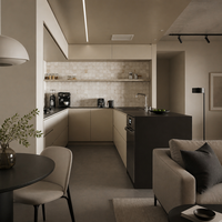 Îlot de cuisine et salle à manger intégrés, style moderne et minimaliste, couleur crème, mobilier sur mesure pour toute la maison, idéal pour les petits projets hôteliers et résidentiels.