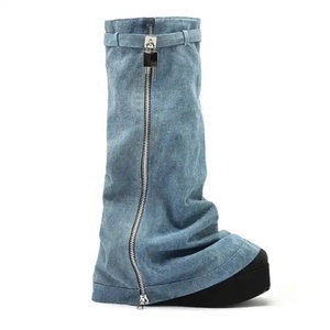 Denim Metallic Lock Shark Wedge Boots Cowgirls Zipper Thick Soles Half Knee High Booties Women <b>Round</b> <b>Toe</b> Zipper Flat Shoes - Product Image 5