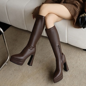 Bottes longues d'hiver pour femmes à talons hauts, plateforme double couche, bottines mi-mollet à fermeture éclair, bottines pointues, chaussures de soirée pour femme - Product Image 2