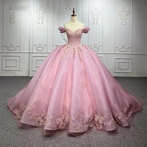Off The Shoulder Pink Organza Ball Gown Empire Waistline Evening Dress For Women Adult Formal Events - Product Image 1