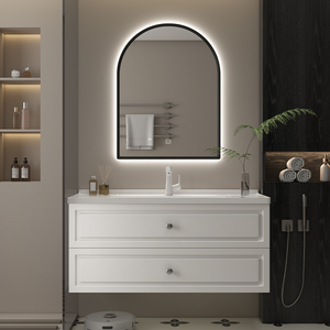 Apartment Home Use Modern White Design Basin Bathroom Cabinet Vanity Plywood with Copper Drainer - Product Image 1