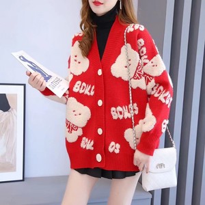 Ladies Autumn New Arrival v Neck Long Sleeve Custom Fit Cartoon <span class=keywords><strong>Bear</strong></span> Animal Print Loose Sweater Coat - Product Image 2