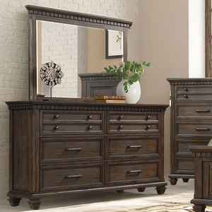 Commode rustique en bois foncé avec miroir - Commode de chambre à coucher traditionnelle sculptée, meuble de rangement de style fermier - Product Image 1