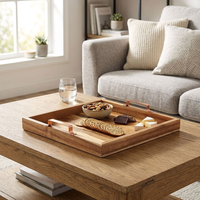 Plateaux décoratifs carrés pour petit-déjeuner Natural House, grands plateaux de service en bois d'acacia avec poignées en métal rose doré