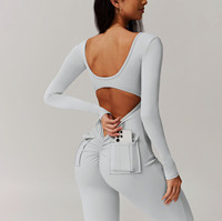 2025 nouveau printemps à manches longues U dos évidé Sexy danse body séchage rapide poches Scrunch bout à bout femmes Yoga combinaisons