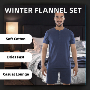 Ensemble de pyjama en coton pour homme, col Henley, manches courtes et short, vêtements de détente pour dormir - Product Image 2