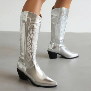 Custom Women <strong>Sparkly</strong> Cowboy Metallic Shoes Glossy Shiny Silver Leather Square Heeled Low Heel Mid Calf Women Western <strong>Boots</strong> - Product Image 3