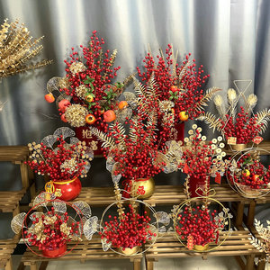 ถังดอกไม้ประดิษฐ์สำหรับพิธีเปิดงาน ขนาด 34 ซม. ชุดผลไม้สีแดงจำลอง ของตกแต่งบ้าน อุปกรณ์ประกอบฉากกลางแจ้ง - Product Image 1
