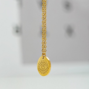 Collar al por mayor de acero inoxidable con moneda grabada, cristal y sol, chapado en oro PVD, con colgante redondo de ojo turco - Product Image 4