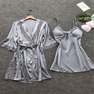 Robe de chambre en satin pour femme avec robe, ensemble <span class=keywords><strong>2</strong></span> pièces, vêtements de nuit, lingerie en satin à dentelle profonde en V, chemise de nuit sexy en soie avec coussinets de poitrine, pyjama - Product Image 2