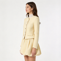 Ensemble deux pièces en tweed jaune pour femme, veste sans col à boutons dorés, mini-jupe bouffante, tenue élégante de printemps pour le bureau, costume de mode