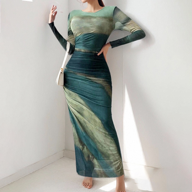 knee length dresses for ladies Wholesale Multi color leaves printed puff sleeves women's maxi dress X –  Ladycharmonline.com main image 0
