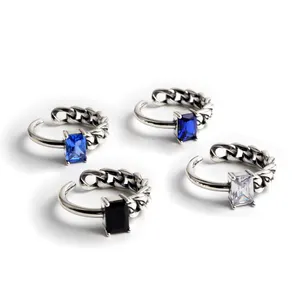 Perhiasan Perak Murni 925 Dapat Diatur Cincin Berlian Zirkon Hitam/Biru/Putih Persegi Rantai Tautan CZ Hitam
