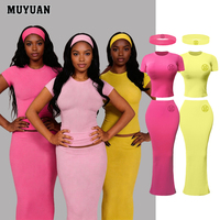 Ensemble 3 pièces d'été pour femme : haut court à manches courtes, jupe longue maxi et bandeau – Coton Spandex – Faible MOQ, OEM flexible