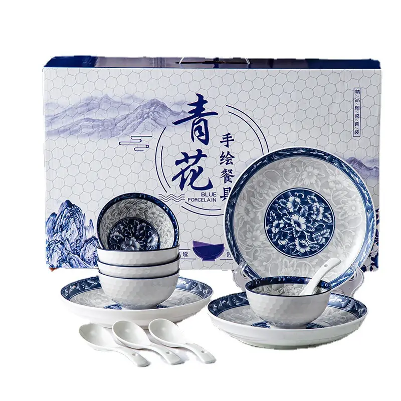 Chinesische Art blau und weiß Porzellan Unter glasur Farbe nach Hause Geschenk Geschirr Teller Löffel Set