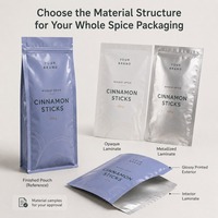 Sachet personnalisé à fond plat avec fermeture éclair pour bâtonnets de cannelle, idéal pour les marques alimentaires et l'emballage de détail sous marque privée