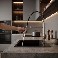Robinet de cuisine flexible en acier inoxydable 304 nickel brossé avec jet cascade et pulvérisation laminar, mitigeur eau chaude et froide
