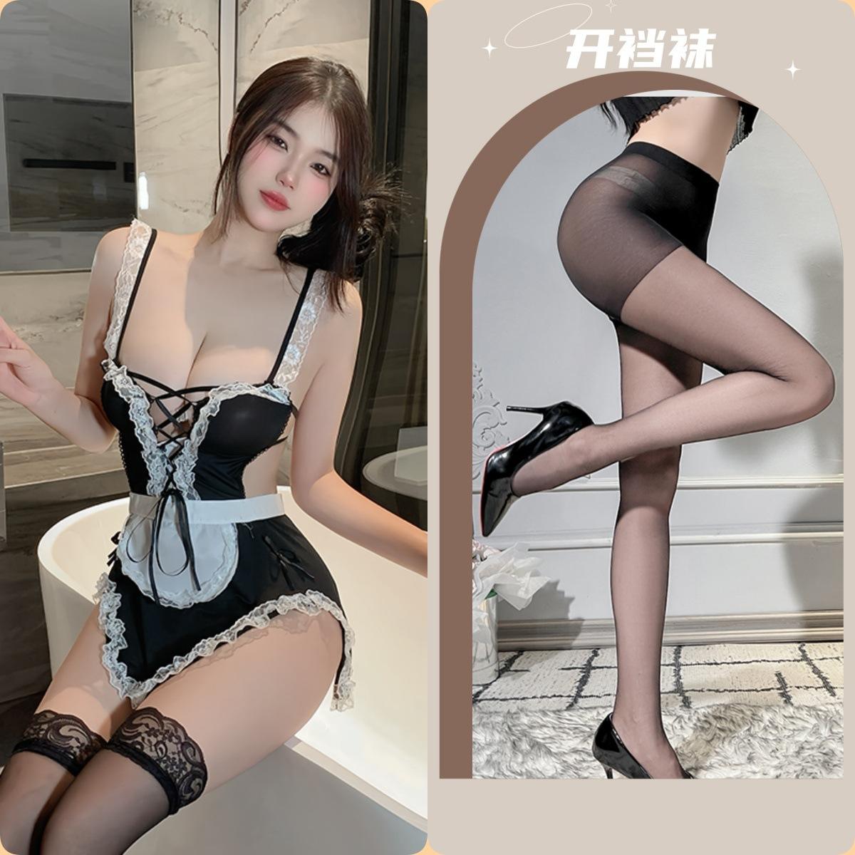 Maid outfit + black crotchless pantyhose