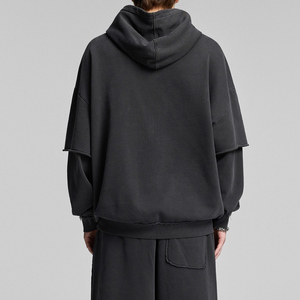 เสื้อมีฮู้ดสำหรับผู้ชายผ้าคอตตอนมีฮู้ดแบบทูอินวัน100% โลโก้ปักแบบกำหนดเองสีดำล้วน - Product Image 2