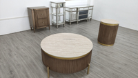 Table basse ronde de luxe contemporaine avec base en bois et plateau en marbre et acier inoxydable pour la maison, l'hôtel, le salon