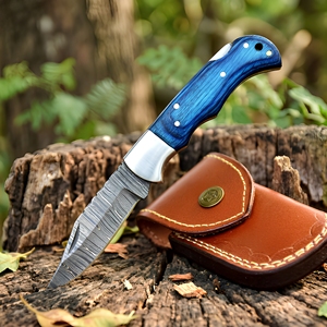 Couteau pliant de poche artisanal noir et bleu en acier Damas pour hommes - 7 pouces, manche en bois, étui en cuir, DIY OEM - Product Image 1