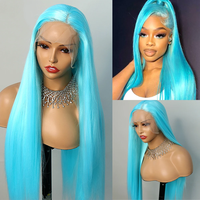 Rambut Virgin Asli Brasil Biru Muda untuk Wig 13X4 Pre Plucked Tanpa Lem Silky Straight untuk Lace Transparan