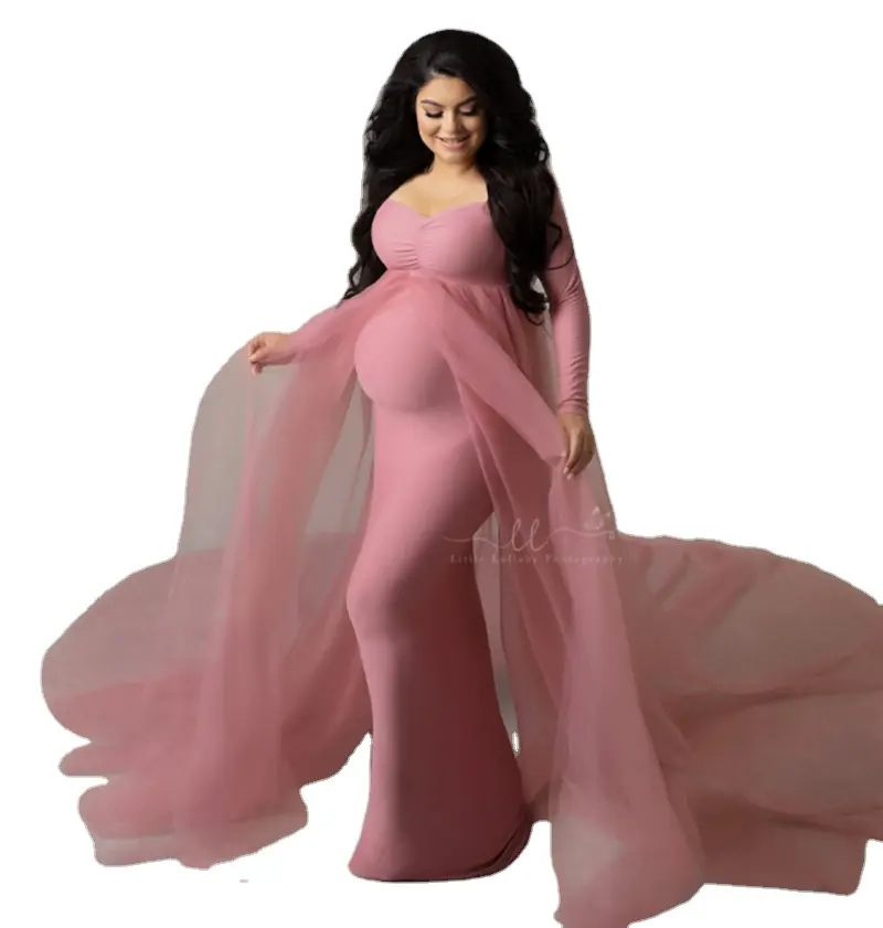 Baby Shower Jersey Dresses Maternity Photography Long Dress with Cloak Fitted Pregnancy Dresses Chiffon Cloak Maternity Gown