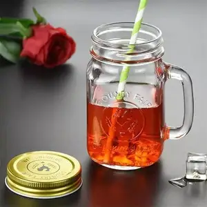 Customized Drinking Empty Bottle Tumbler 4 8 10 12 16 24 32 oz Wide Mouth Round Mug Glass Mason Jars With Lid Handle Straw