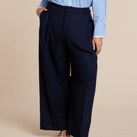 Pantalones de Pierna Ancha de Cintura Alta Azul Marino Personalizados OEM para Mujer, Talla Grande, Plisados, Holgados, Casuales, Elegantes y Chic para Oficina y Trabajo
