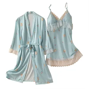 Women's sexy silk pajamas Summer silk lace halter breast padded nightdress cartoon print satin long sleeve two-piece sleepwear