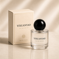 Botol Parfum Kaca Bulat Mewah dengan Pompa Semprot Tutup Bola Hitam Logo Kustom Kotak Hadiah 30ml 50ml 100ml