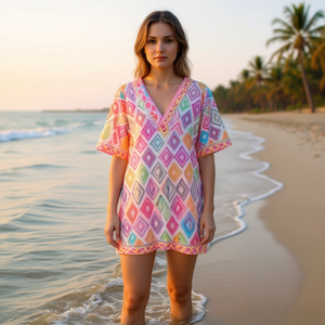 Camisa de playa de manga corta con estampado de diamantes, 88x54 cm, cuello en V, top de baño tipo pareo - Product Image 3