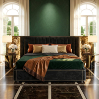 Cama de Plataforma con Base Ajustable RIPLEY, Diseño Italiano de Lujo, Tapizada en Tela, con Aleros Curvos, Incrustaciones de Metal Dorado, Láminas Silenciosas de Roble