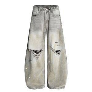 Jeans Americanos de Estilo Urbano Vintage Premium, Diseño Desgastado con Salpicaduras de Tinta, Corte Holgado y Curvo - Product Image 1