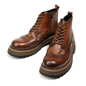 Brogue Boots Men's <b>Round</b> Toe Thick Soled Platform Mid Heel <b>Cushioned</b> Work Boots Brown Solid Color 813-3 - Product Image 2