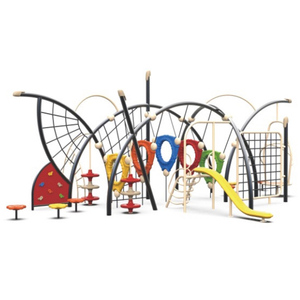 <span class=keywords><strong>Tour</strong></span> d'escalade extérieure avec poteau gris, sommet rouge, plateforme circulaire en filet vert, corde et échelle colorées pour enfants - Product Image 6