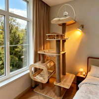 Arbre à chat moderne de luxe avec maison intégrée, capsule spatiale, écologique, plateau de saut et griffoir antidérapant
