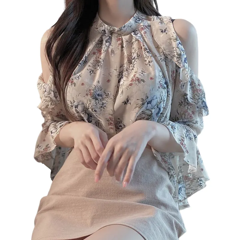 Summer Butterfly Half Sleeve Chiffon Shirt Spring Off-Shoulder Women Clothes Fashion Tops Casual Sweet Loose Print Floral Blouse