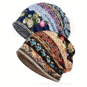 빈티지 플로럴 프린트 비니 보헤미안 방한 따뜻한 니트 모자 캐주얼 머리띠 탄성 해골 모자 화학 모자 가을과 겨울