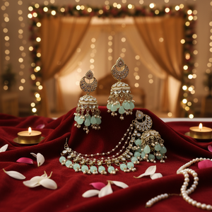 Bridal Ethnic Chandelier Drop Earrings Claw Setting Pearl Chain Matching Maang Tikka Alloy Gold Plated Vintage Traditional - Product Image 3