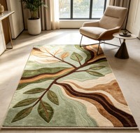 Tapis en laine de luxe antidérapant à motif de feuilles 3D de haute qualité avec tapis d'appoint pour salon, tapis abstrait vert et marron à thème naturel