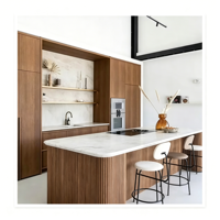 Vermonhouzz - Armoires de cuisine en bois sur mesure, sans poignées, couleur gris, avec comptoir de petit-déjeuner multifonctionnel extra long en pierre