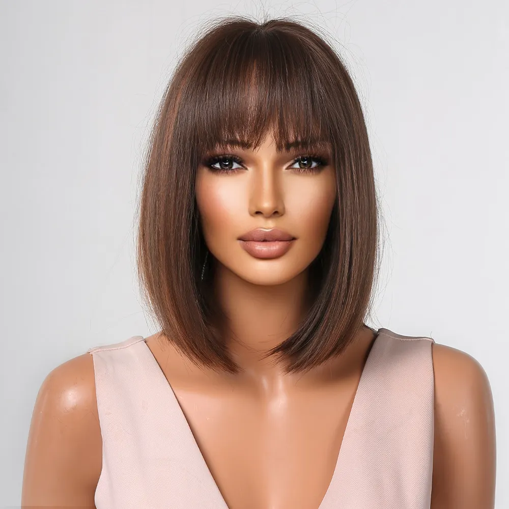 High Temperature Straight Synthetic Wigs With Bangs Short Bob Wig Heat Resistant Hairstyle Ombre Cosplay Wigs For Women