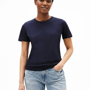 Camiseta de manga corta con cuello redondo azul marino para mujer, corte regular, 100% algodón, informal, de color sólido, transpirable. - Product Image 1