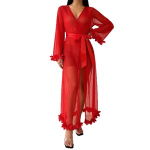 B1031 Vestaglia in Pizzo Trasparente per Donna, Sexy Abito Lungo con Applicazioni Floreali, Scollo Profondo a V e Cintura in Raso - Product Image 3