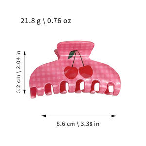 Pince à cheveux en acrylique à carreaux roses avec imprimé cerise, type Shark Grip pour femmes - Product Image 3