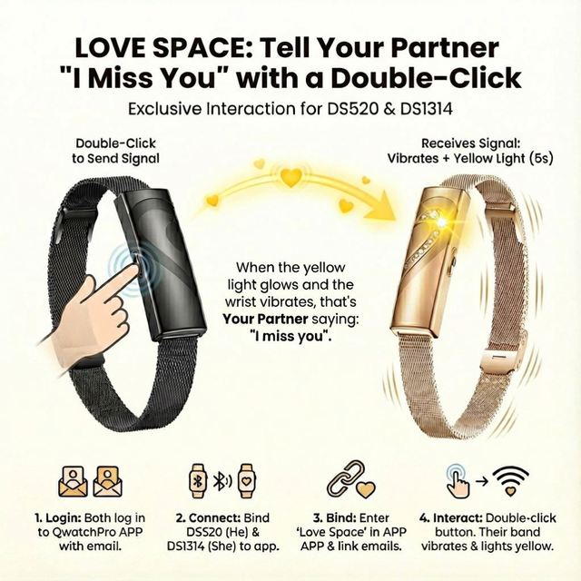 ERON Couple Bracelet DS520 Smart Band Non Screen Lovers 24H Heart Rate Blood Oxygen Monitor Pedometer 45 Days Standby Fitness