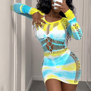 Sexy Lingerie Druppelverfproces Geelblauwe Korte Rok Heupomhullende Rok Met Lange Mouwen Verleiding Bodystocking Lingerie - Product Image 3