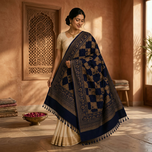 Hand Embroidered Long Ajrak Scarf Viscose <b>Shawl</b> <b>Navy</b> <b>Blue</b> Floral Leaf Border Tassel Wrap Breathable Lightweight for Daily Wear - Product Image 4