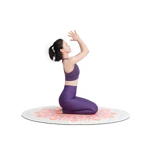 Yoga Rag,Yoga Carpet,55x55 Inch Suede Microfiber Rubber Custom Print Pink Mandala Circular Round Meditation Yoga Mat With Strap